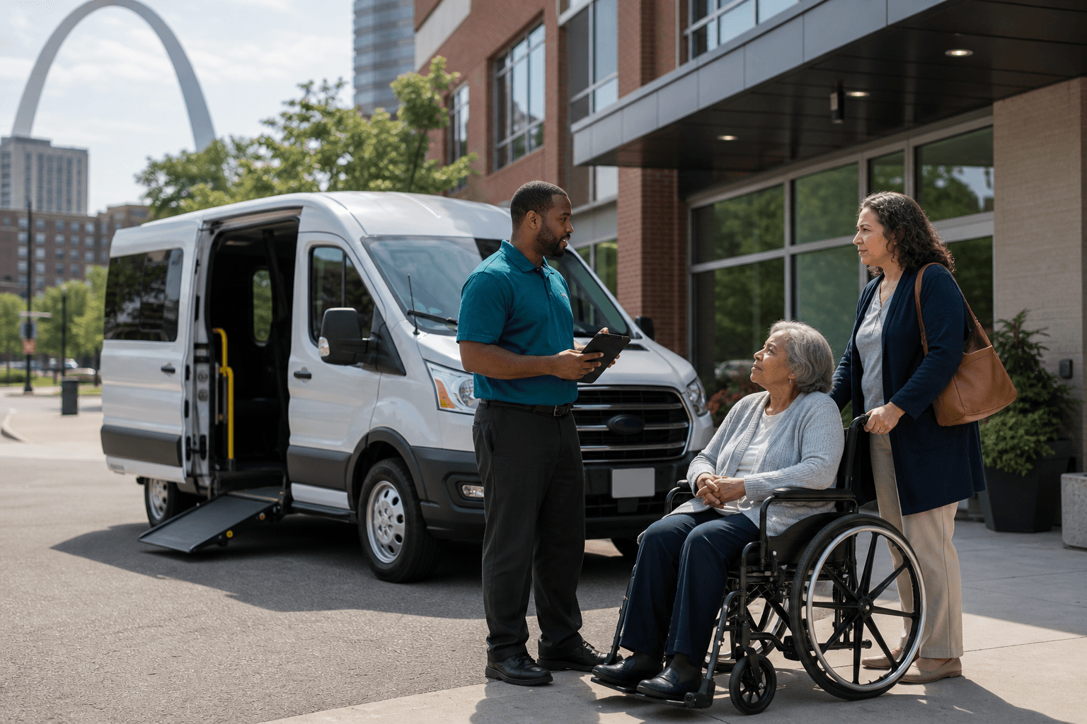 A transportation coordinator speaking with a wheelchair passenger and caregiver beside an accessible van in St. Louis